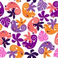 vector cute seamless pattern with chameleon, tropical flowers and leaves. Royalty Free Stock Photo